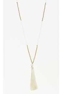 Long Cream Cord and Gold Bead Tassel Necklace